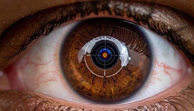 Close-up of eye with camera lens.