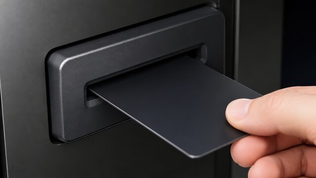 Close-up of a Hand Inserting a Blank Black Smart Card into a Reader