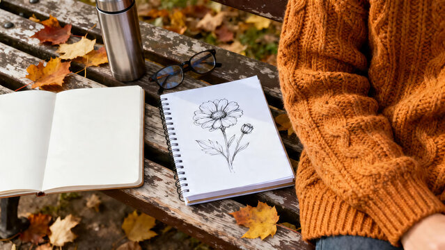 Sketching on Wooden Park Bench Blank Notebook Mockup