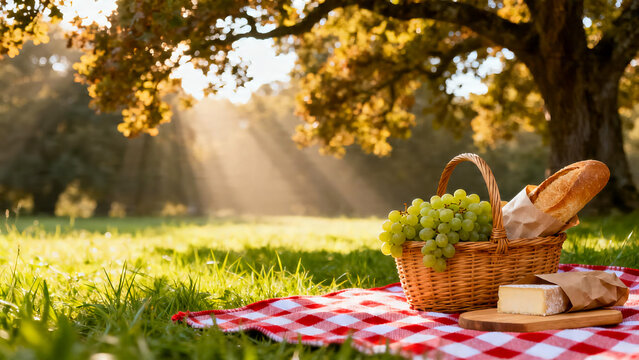 Aesthetic Park Picnic Basket on Checkered Blanket