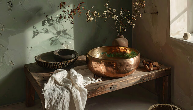Copper pot on wooden table indoors.