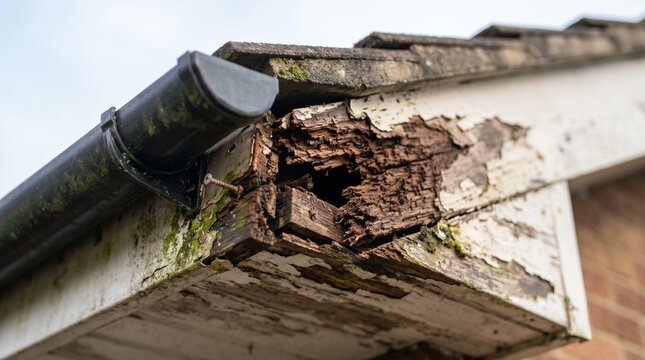 Rotten wood fascia roof damage on house exterior showing severe decay and peeling paint near gutter. Close up of ruined soffit board requiring professional repair and replacement.