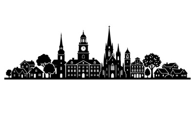 Obraz premium Historic Town Skyline Silhouette Vector with Church Steeples and Houses
