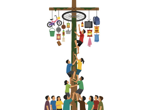 People climbing a greased pole for prizes at panjat pinang festival