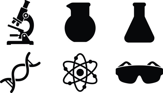 Science research and laboratory icon set featuring optical microscope glass beaker erlenmeyer flask dna strand atomic structure and safety goggles vector illustration