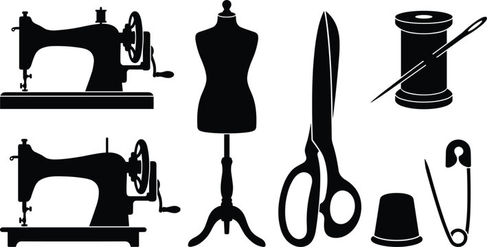 Sewing and fashion design atelier icon set featuring vintage sewing machines tailor mannequin dressmaker scissors thread spool needle thimble and safety pin vector