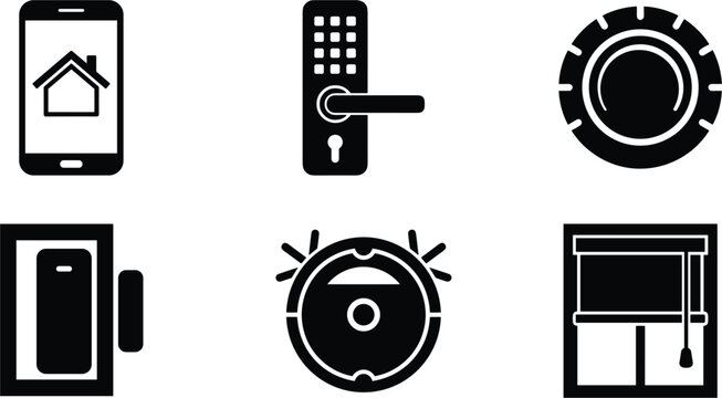 Smart home automation and iot technology silhouette icon set featuring smartphone app digital door lock smart thermostat sensor robot vacuum and automatic window blinds vector