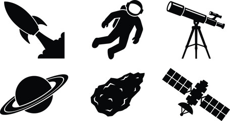 Space exploration and astronomy astronomy silhouette icon set featuring rocket launch floating astronaut telescope ringed planet saturn asteroid and communications satellite vector © RAKIB