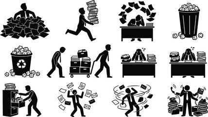 Obraz premium Stressed office worker and business burnout icon set featuring businessman buried in paperwork overwhelmed by deadline heavy workload multitasking and busy office routine vector