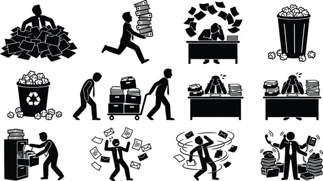 Stressed office worker and business burnout icon set featuring businessman buried in paperwork overwhelmed by deadline heavy workload multitasking and busy office routine vector