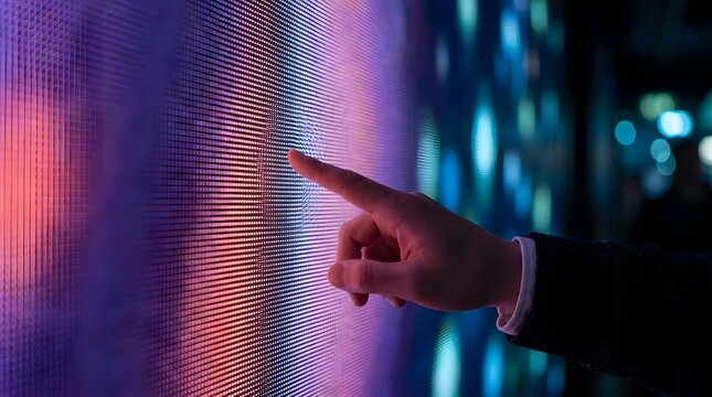 A person's hand pointing at a vibrant, pixelated digital screen displaying colorful lights and abstract patterns.