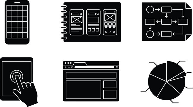 User experience UI UX design process silhouette icon set featuring wireframe sketch notebook flow chart diagram mobile device mockups and pie chart infographic vector