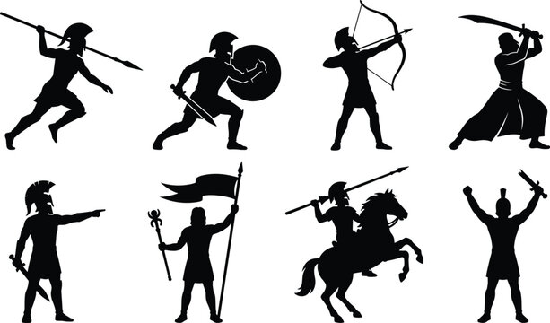 Ancient Greek Spartan Warrior Silhouette Collection with Weapons and Battle Action Poses for Historical Graphic Design Projects