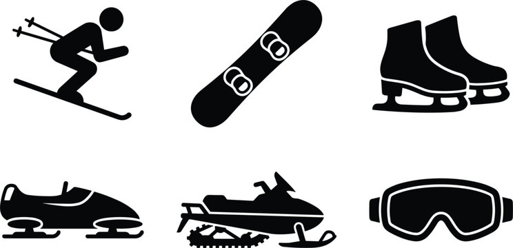 Winter sports and alpine recreation silhouette icon set featuring downhill skier snowboard ice skates bobsled sled snowmobile and ski goggles vector illustration