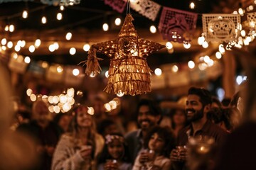 Obraz premium A golden star pinata hangs above a joyful crowd during a festive Mexican posada, featuring warm incandescent lights and papel picado for traditional holiday celebration visuals