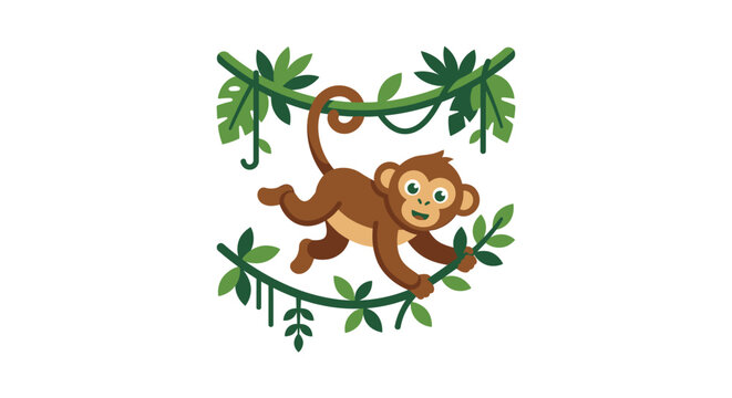 A cute cartoon monkey hangs from green jungle vines in a playful forest setting