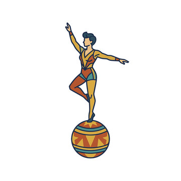 A stylized illustration of a circus performer balancing on a large colorful ball