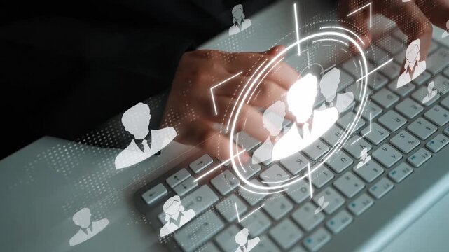 Hands of a professional tapping on a keyboard with graphical user interface icons, representing networking and digital communication concepts in a modern workspace Sigmoid