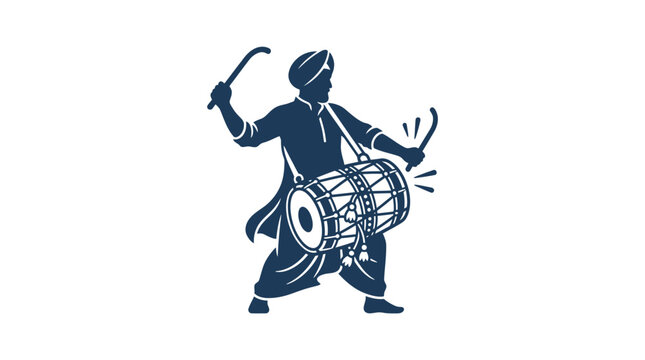 A silhouette illustration of a traditional Indian dhol player performing with sticks.