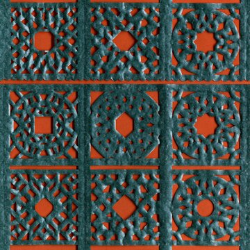Symmetric teal and orange papel picado pattern with intricate cutouts and traditional folk motifs for festive Day of the Dead celebrations