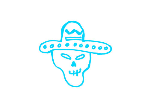 Minimalist hand drawn skull wearing a sombrero hat icon with sombrero minimalist isolated celebration traditional handdrawn illustration creative skeleton tradition accessory
