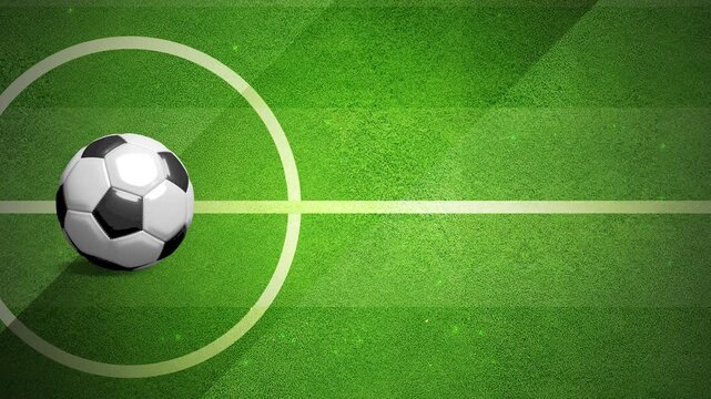 4K UHD animated soccer ball on a green football field. Clean composition with large copy space below the ball for text or graphic placement