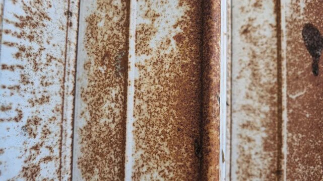 Slow motion medium close up shot highlighting flaking rust spots, oxidized metal panels, and weathered paint layers on a vintage folding door.
