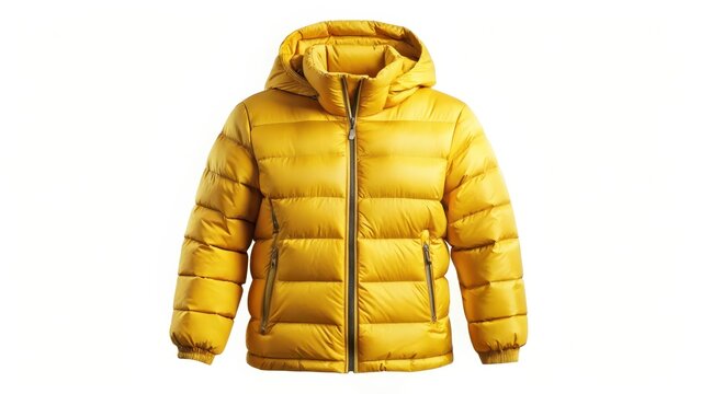 A vibrant yellow puffer jacket featuring a hood isolated on a crisp white background