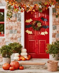 Naklejka premium A vibrant red front door decorated with paper bats and white pumpkins, capturing a cozy festive mood for autumn and Halloween celebrations