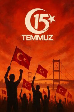 15 temmuz, demokrasi ve milli birlik g&uuml;n&uuml;, hari demokrasi turki, bendera turki, jembatan bosphorus, istanbul, perlawanan rakyat, persatuan nasional, simbol bulan sabit, poster patriotis, vektor turki,
