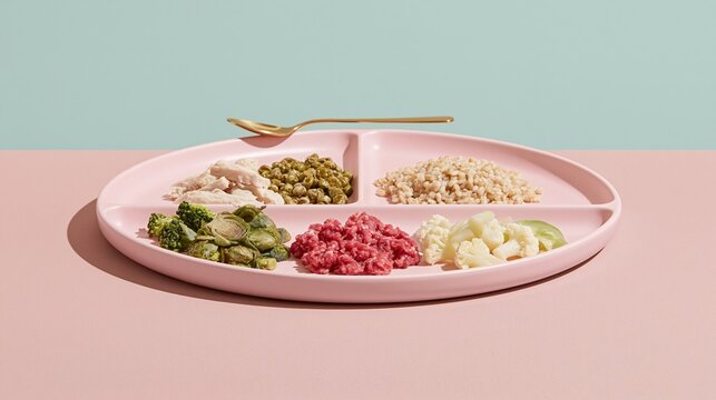 Large divided plate with balanced portions of meat, grains, and vegetables on a pink surface for a nutrition and portion control concept