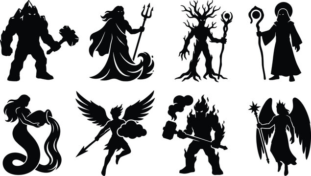 Fantasy Mythical Creature Flat Color Vector Collection with Magical Character Symbols for Gaming and Storytelling Graphic Design Projects