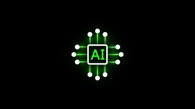A modern glowing AI chip icon on a dark background representing artificial intelligence, machine learning, and advanced technology. This futuristic digital illustration features a neon processor .