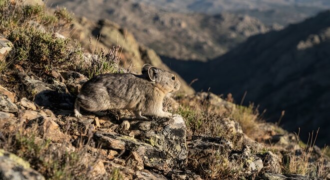 Pika standing on a rocky mountain slope in the high alpine wilderness