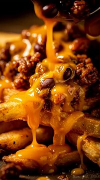Loaded french fries with melted cheese sauce dripping over pecans in dark restaurant setting