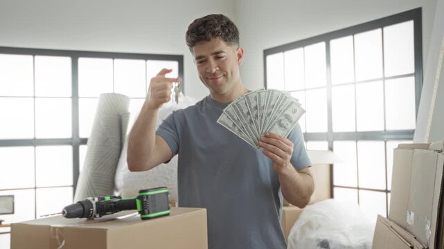 Man holding keys and a fan of cash, showing hands beside packed cardboard boxes and a drill inside building; wealth success confidence.