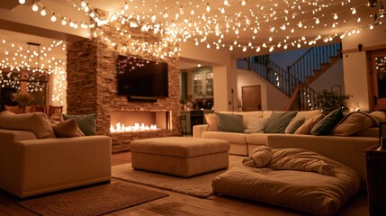 Obraz premium Spacious modern basement living area lit by a warm canopy of string lights with a stone fireplace for cozy home renovation and interior design
