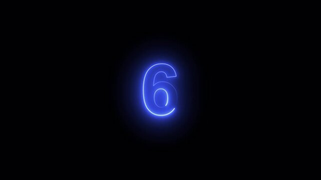 Glowing neon number 6 isolated on dark background, 3D blue illuminated digital number animation for countdown, leader, top rank, or anniversary glowing loop  mathmetical number from 0 to 10 with 4k .