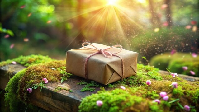 A delicate wrapped gift sat on a mosscovered bench adorned with twine and fluttering pink notes