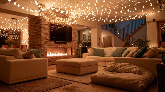 Spacious modern basement living area lit by a warm canopy of string lights with a stone fireplace for cozy home renovation and interior design