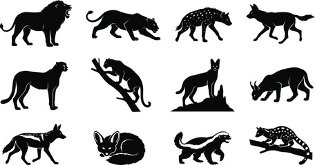 Obraz premium Flat Color Vector Wild African Animal Silhouette Collection Featuring Lion Cheetah and Hyena for Wildlife Graphic Design Projects