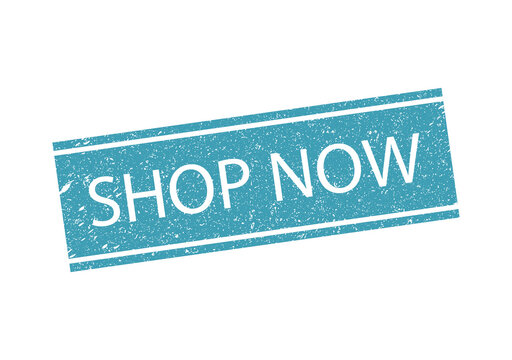 Blue rectangular rubber stamp text label shop now with distressed ink texture for retail marketing