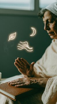 Senior Middle Eastern womans hands resting on a leather journal with glowing mindfulness symbols for mental health and self-reflection concepts
