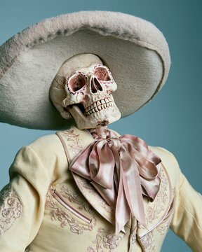 Mariachi skeleton wearing an embroidered suit and felt sombrero against a blue background for Mexican folklore and Day of the Dead celebrations