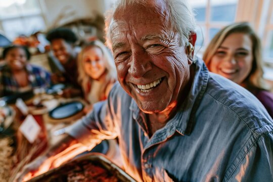 Smiling senior man with a hearing aid serving food at a festive Friendsgiving table for a warm autumn harvest celebration and dinner feature