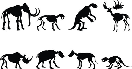 Fototapeta premium Prehistoric Extinct Animal Skeleton Silhouette Collection with Fossil Bones and Ice Age Symbols for Science Educational Graphic Design Projects