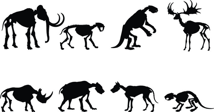 Prehistoric Extinct Animal Skeleton Silhouette Collection with Fossil Bones and Ice Age Symbols for Science Educational Graphic Design Projects