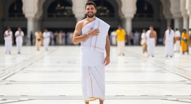 Indian man wearing traditional white dhoti and shawl standing in front of a temple