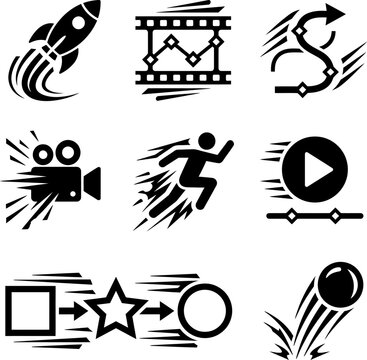 Dynamic motion graphics with rocket ship video camera runner and play button representing speed and action.