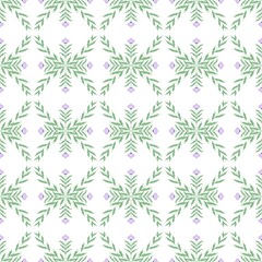 Fototapeta premium Seamless botanical geometric pattern, delicate green leafy motifs, tiny lavender flowers in symmetrical hand drawn style. For fabric, wallpaper, textile, wrapping paper, packaging, surface design.